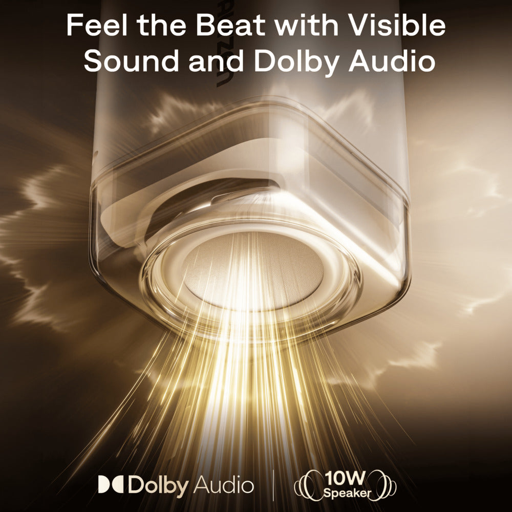 Dolby audio speaker with sound waves and text 'Feel the Beat with Visible Sound and Dolby Audio'.