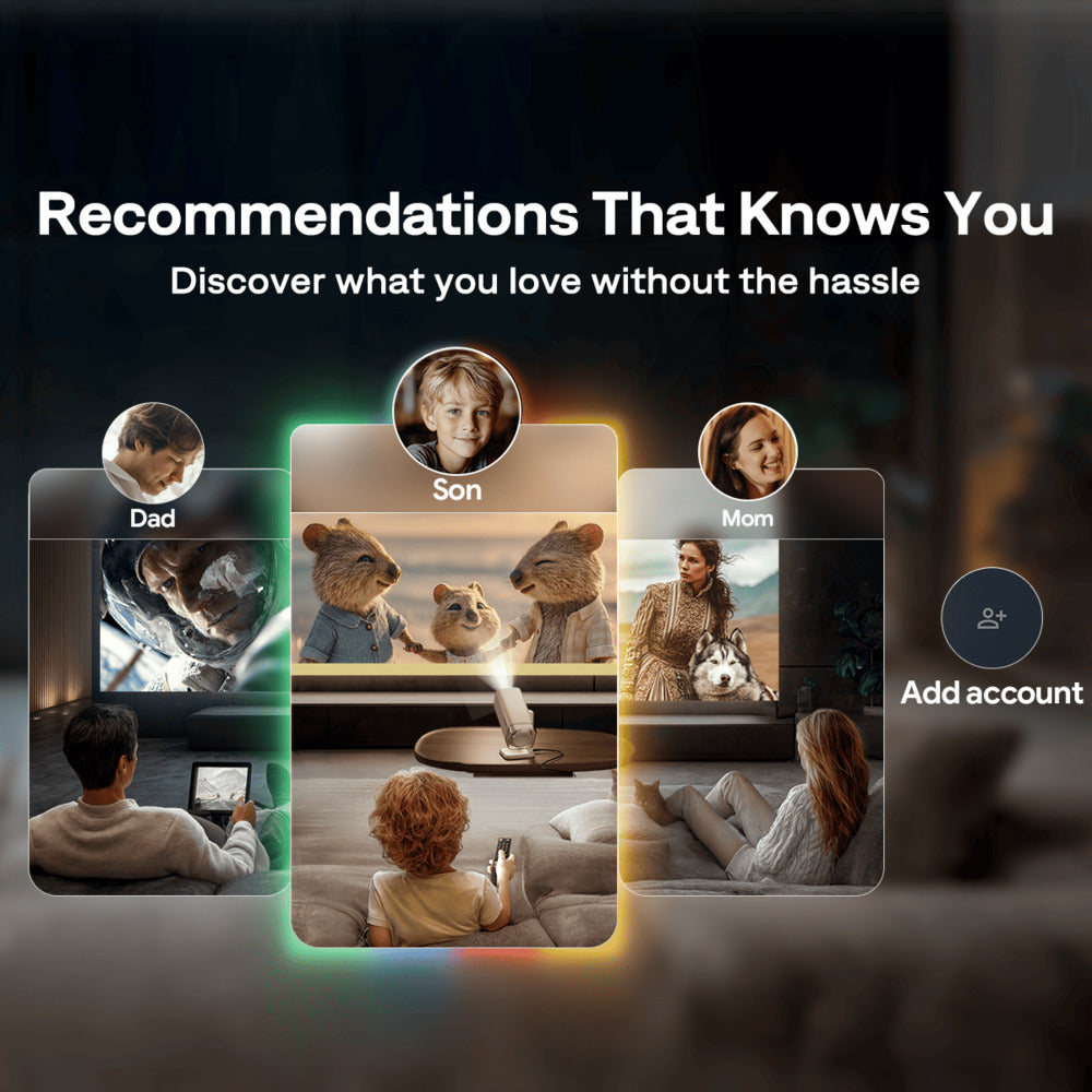 Smart home device interface with family members and pets, featuring a recommendation system.