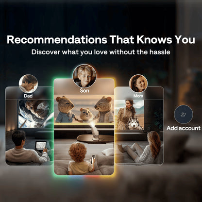 Smart home device interface with family members and pets, featuring a recommendation system.