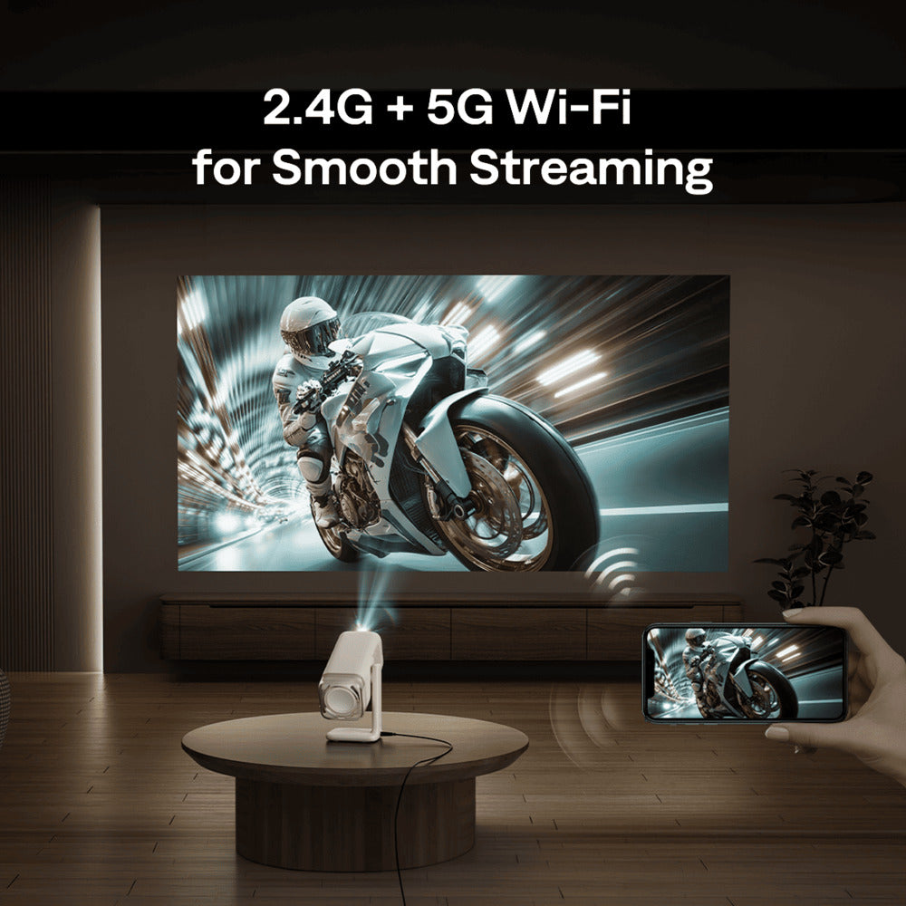 Projector displaying a motorcycle on a screen with text about Wi-Fi connectivity in a room setting.
