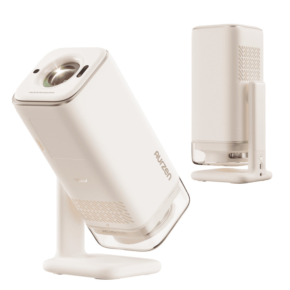 Aurzen Boom Air Portable 1080p Google TV Projector White electronic device with 'auren' branding on a white background