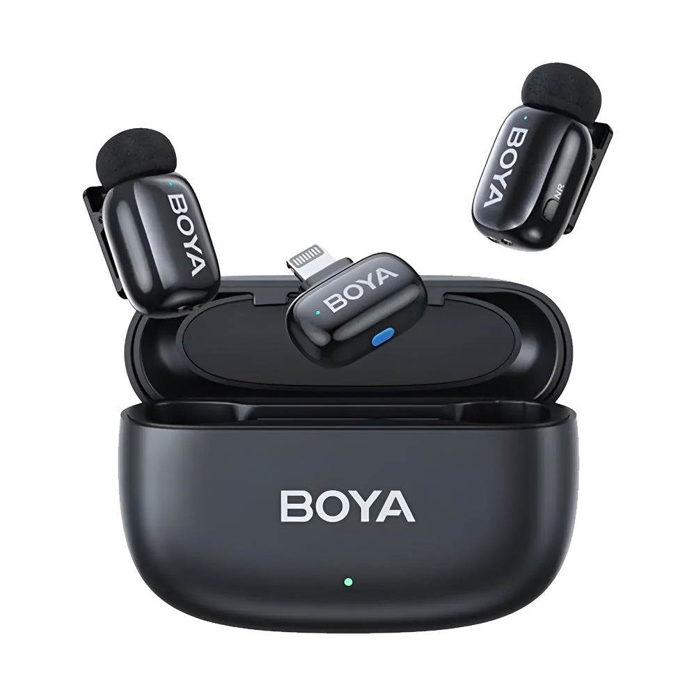 BOYA wireless microphone system with receiver and transmitter on a white background