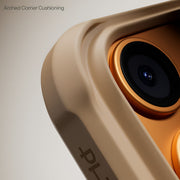 PITAKA ProGaurd Aramid Fibre Case for iPhone 17 Pro Max Close-up of a camera lens with 'Arched Corner Cushioning' text on a beige background
