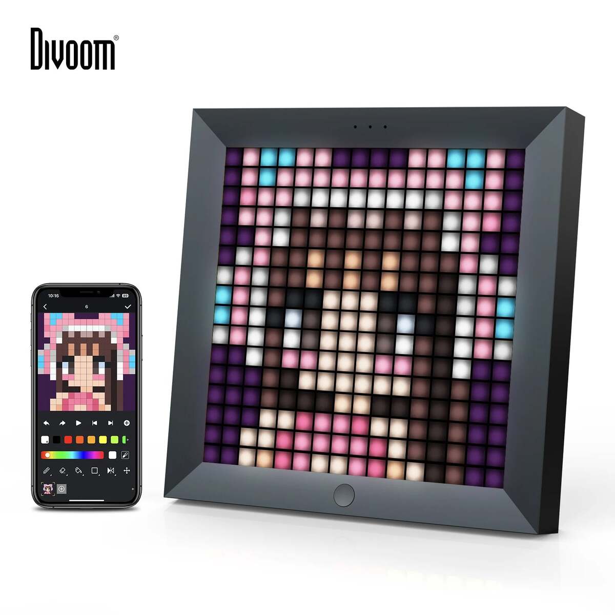 Divoom Pixoo 16×16 RGB Pixel LED Display (Smart App, Desktop & Wall Mount) Pixel art display with smartphone showing pixel art app and displayed artwork.