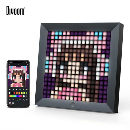 Divoom Pixoo 16×16 RGB Pixel LED Display (Smart App, Desktop & Wall Mount) Pixel art display with smartphone showing pixel art app and displayed artwork.