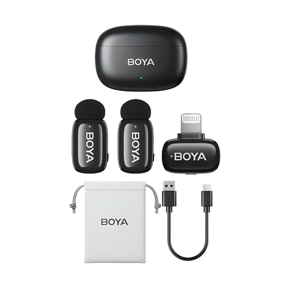 BOYA wireless microphone system with receiver, transmitter, and USB cable on a white background