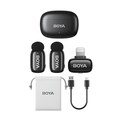 BOYA wireless microphone system with receiver, transmitter, and USB cable on a white background