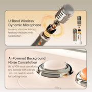U-Band Wireless Dynamic Microphone with AI-Powered Background Noise Cancellation on a beige background
