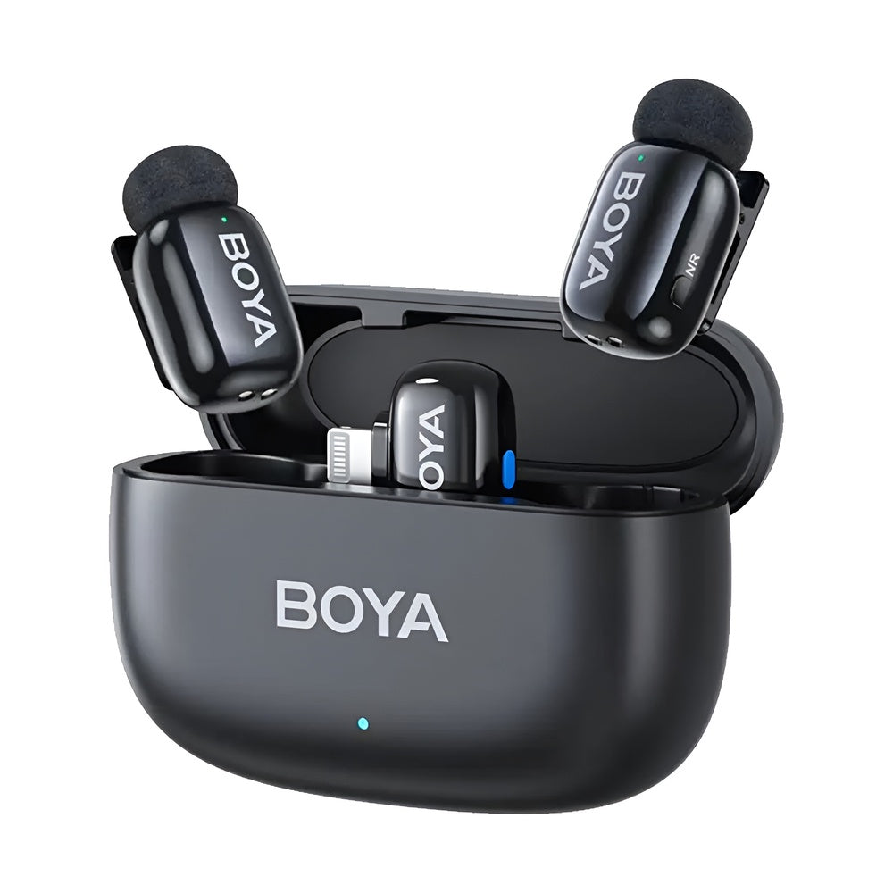 Black wireless microphone set with charging case on a white background, featuring the BOYA brand.