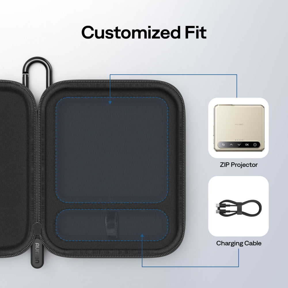 Black carrying case with a customizable fit feature, showing a zip projector and charging cable on a light gray background.