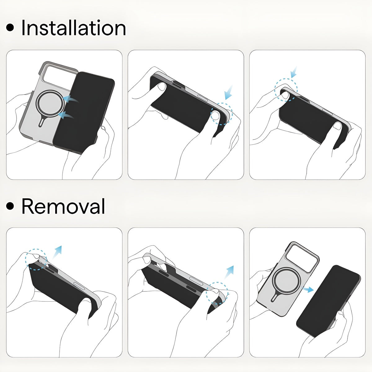 PITAKA Ultra‑Slim Aramid Fibre Case for iPhone 17 Pro Max Step-by-step instructions for installing and removing a phone case.
