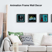 Animation frame wall decor with digital clock and colorful designs in a living room setting.