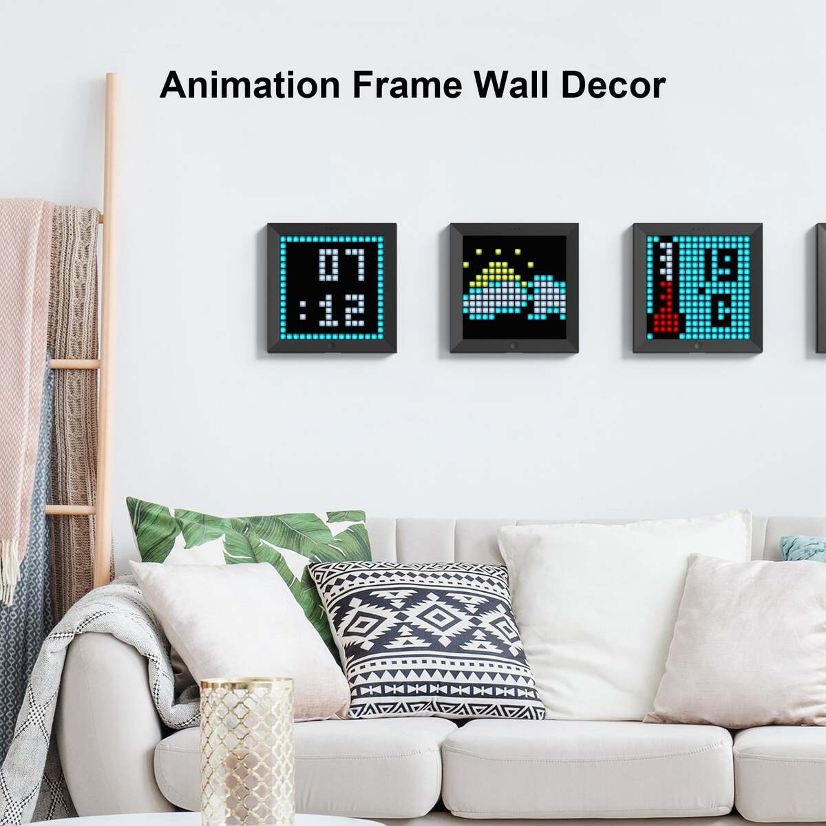 Animation frame wall decor with digital clock and colorful designs in a living room setting.