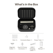 Open black carrying case with electronic components and list of included items on a white background