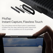 PITAKA Ultra‑Slim Aramid Fibre Case for iPhone 17 Pro Max Phone case with PitaTap button being pressed, showing 'Instant Capture, Flawless Touch' text.