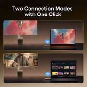 Two connection modes with one click on a laptop screen, showing an astronaut and a person cooking.