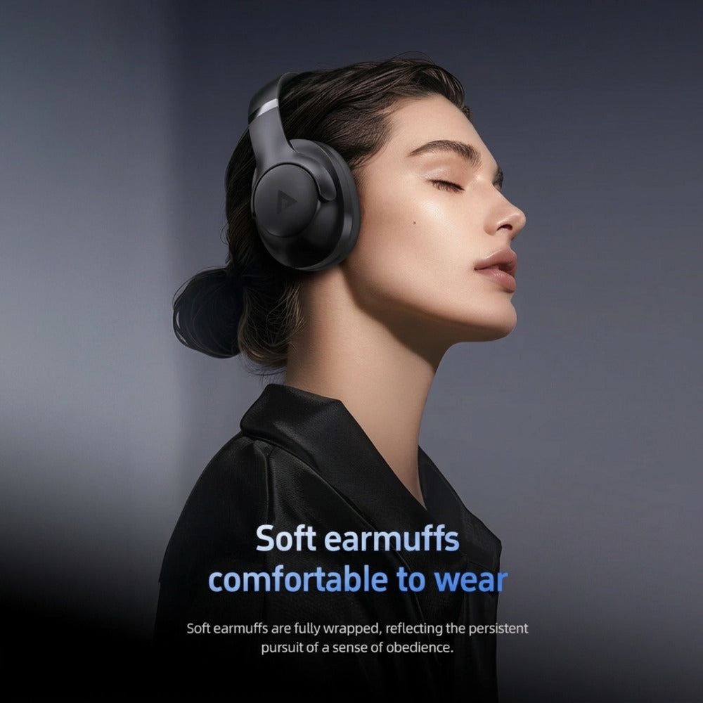 Person wearing black headphones with text about soft earmuffs on a dark background