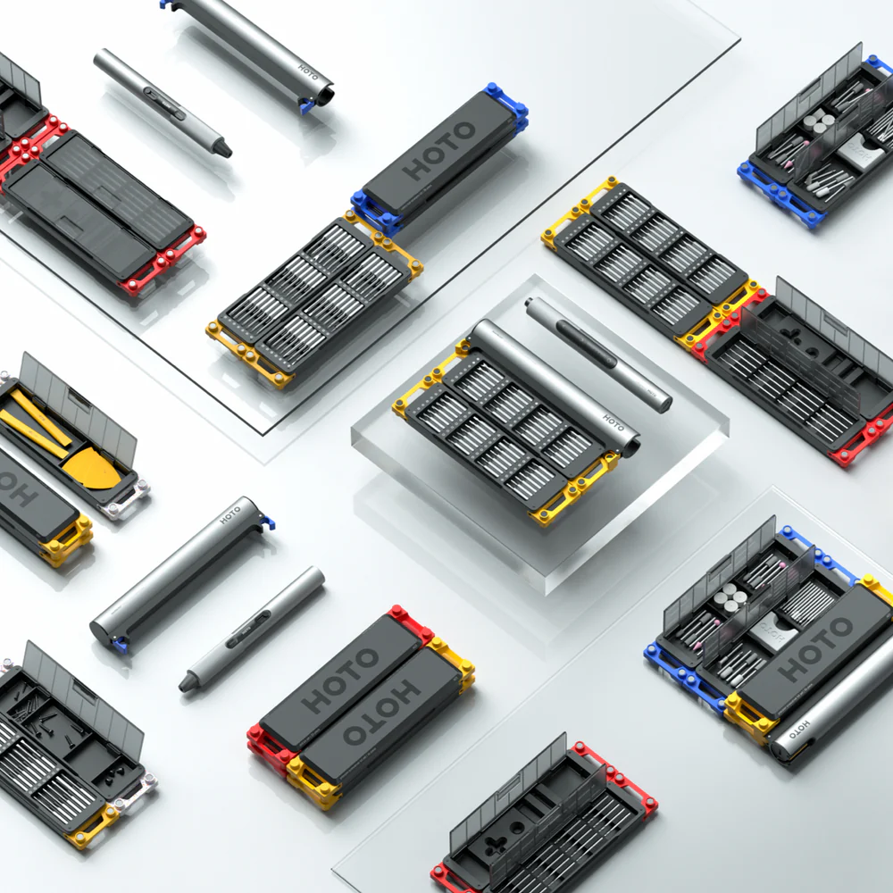 Collection of HOTO tool sets on a light gray background