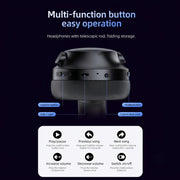 Black headphones with labeled buttons and features on a dark background