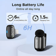 BOYA microphone with battery life and charging time information on a light blue background