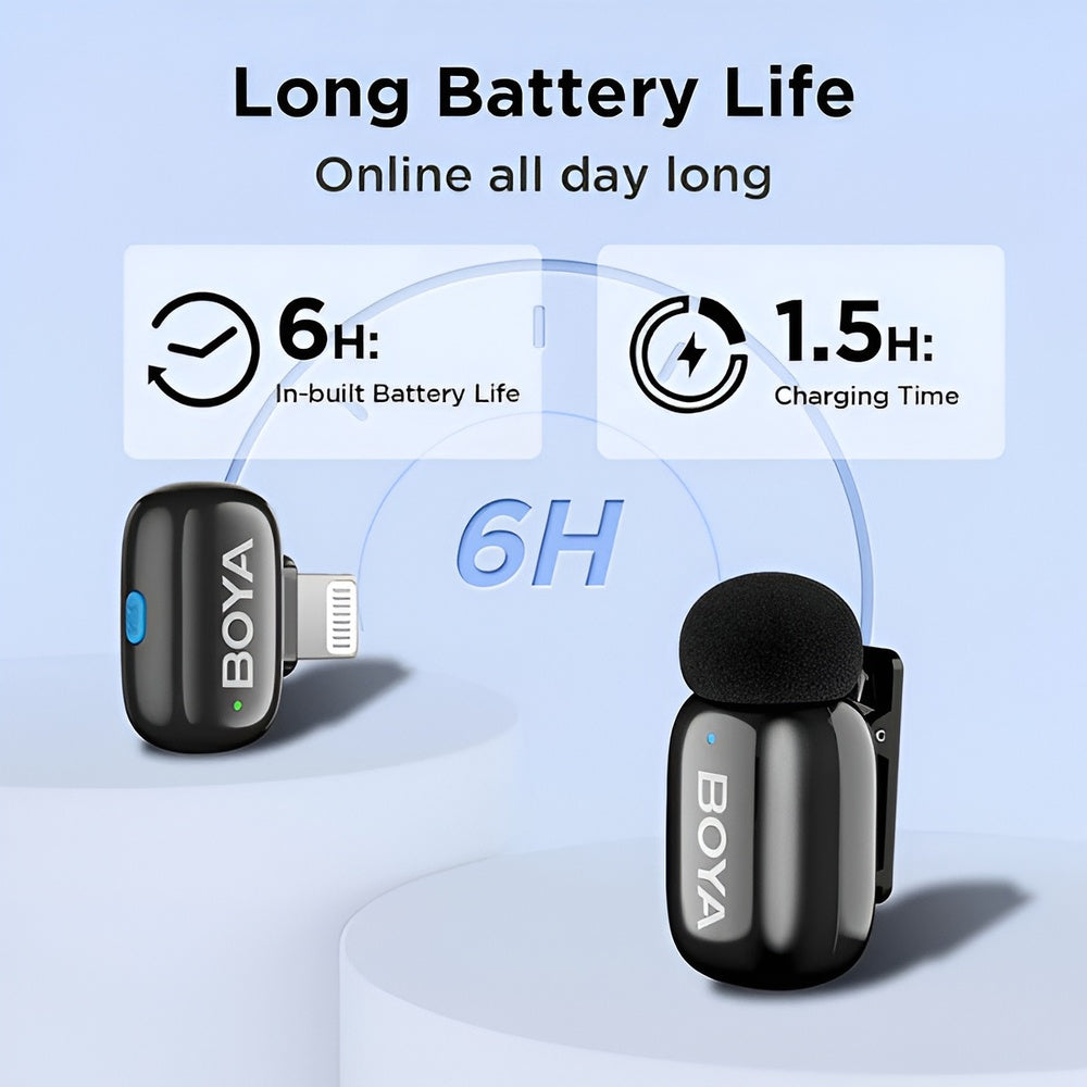 BOYA microphone with battery life and charging time information on a light blue background