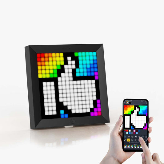 Pixel art display and smartphone app showing a pixelated image on a white background