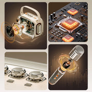 Collage of electronic components including a radio, circuit board, knobs, and microphone.