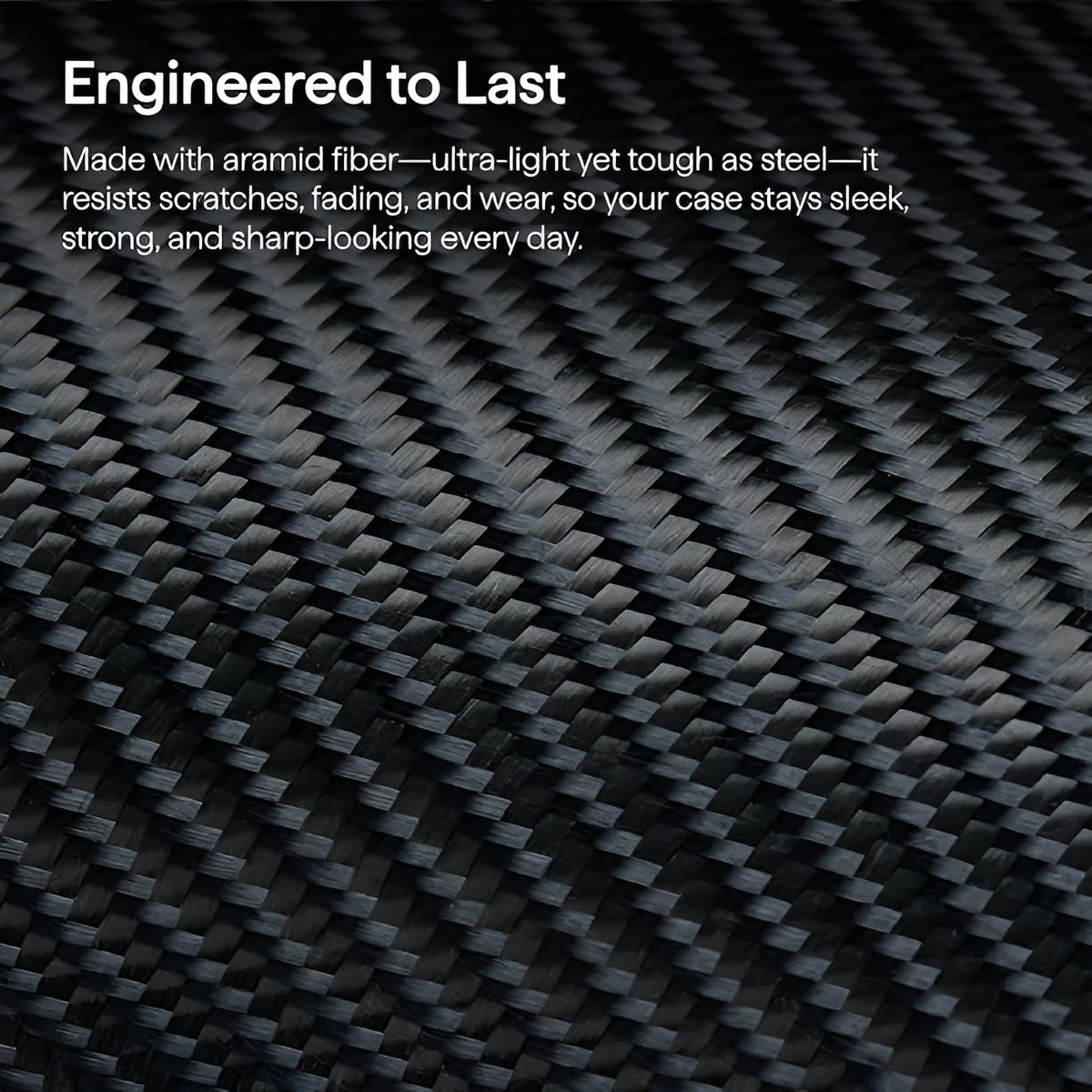 PITAKA Ultra‑Slim Aramid Fibre Case for iPhone 17 Pro Max Close-up of aramid fiber material with text highlighting its properties.
