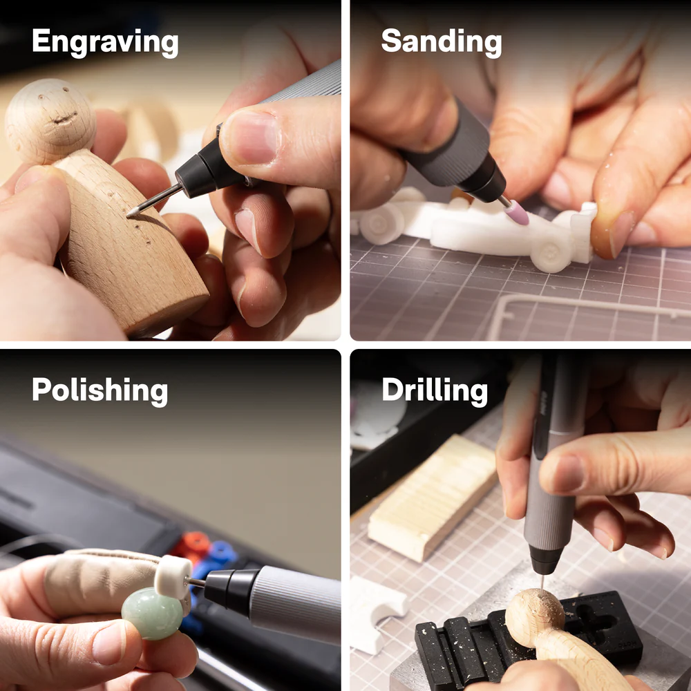 Collage of a person using a rotary tool for engraving, sanding, polishing, and drilling on various materials.