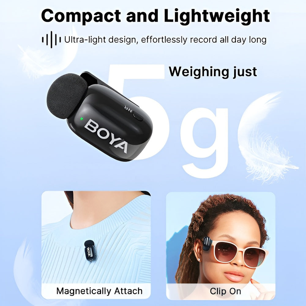 BOYA microphone with text highlighting compactness and weightlessness on a light blue background