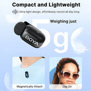 BOYA microphone with text highlighting compactness and weightlessness on a light blue background