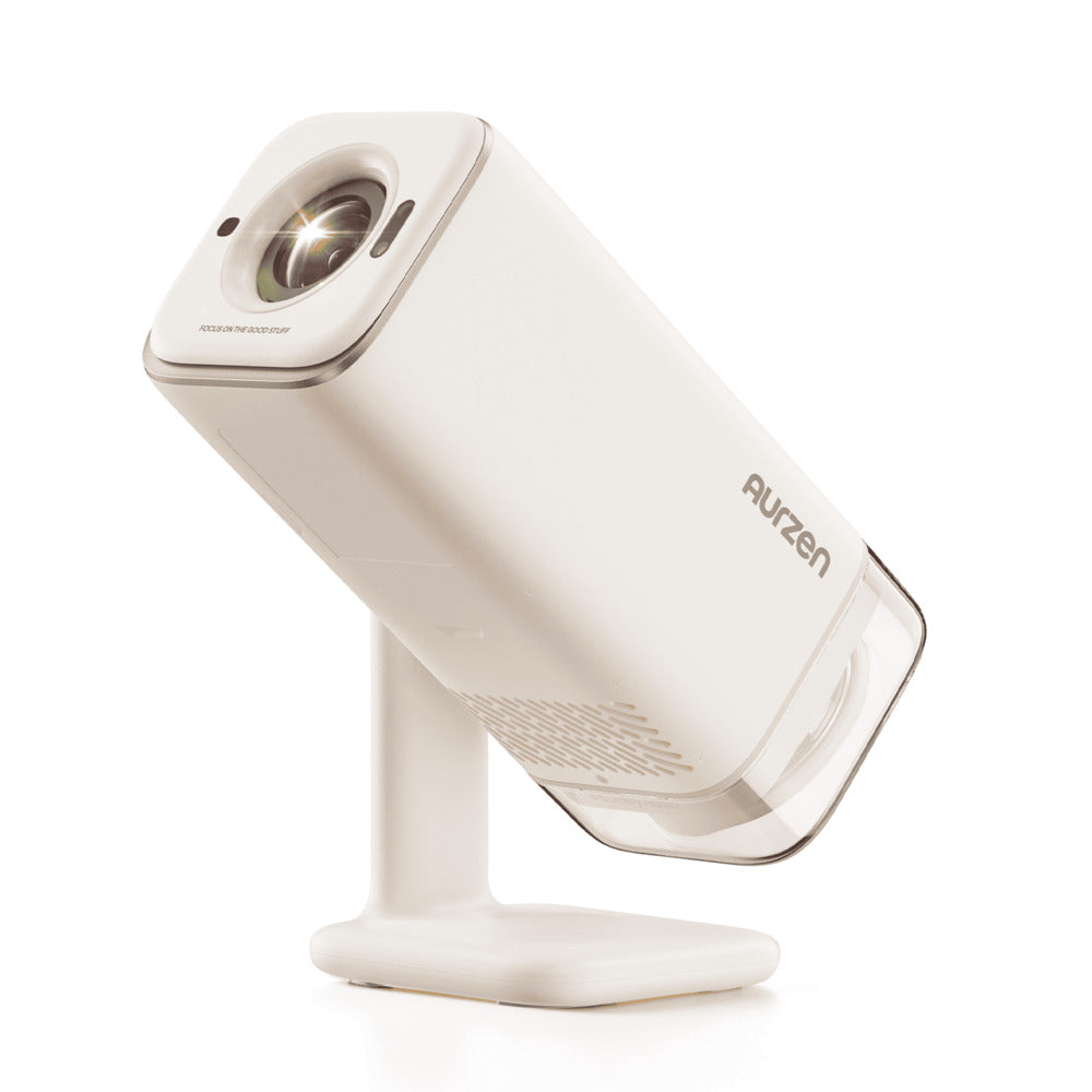 Aurzen Boom Air Portable 1080p Google TV Projector White fan with 'Aurzen' branding on a white background
