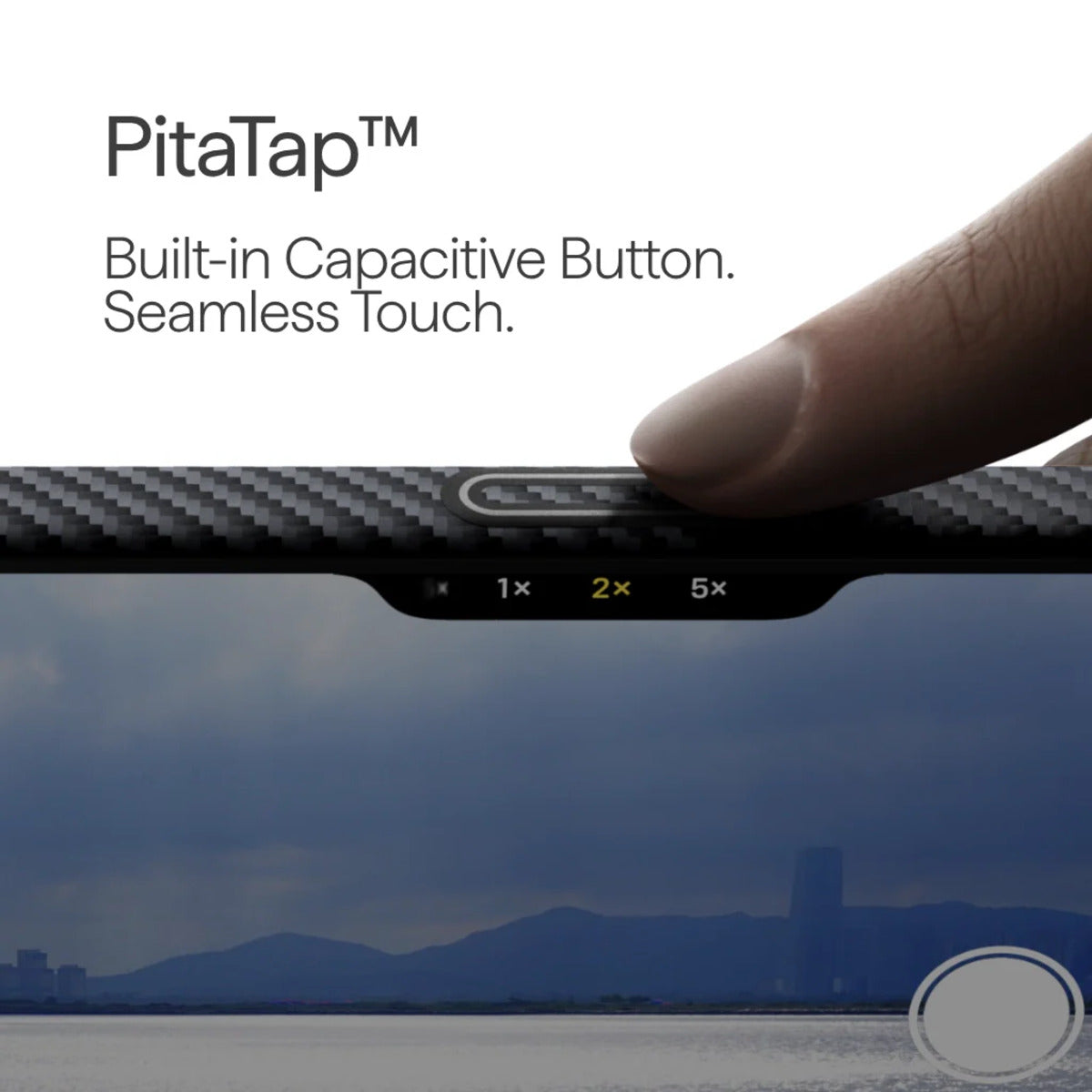 PITAKA Ultra‑Slim Aramid Fibre Case for iPhone 17 Pro Max PitaTap device with a finger pressing a button, set against a scenic background.