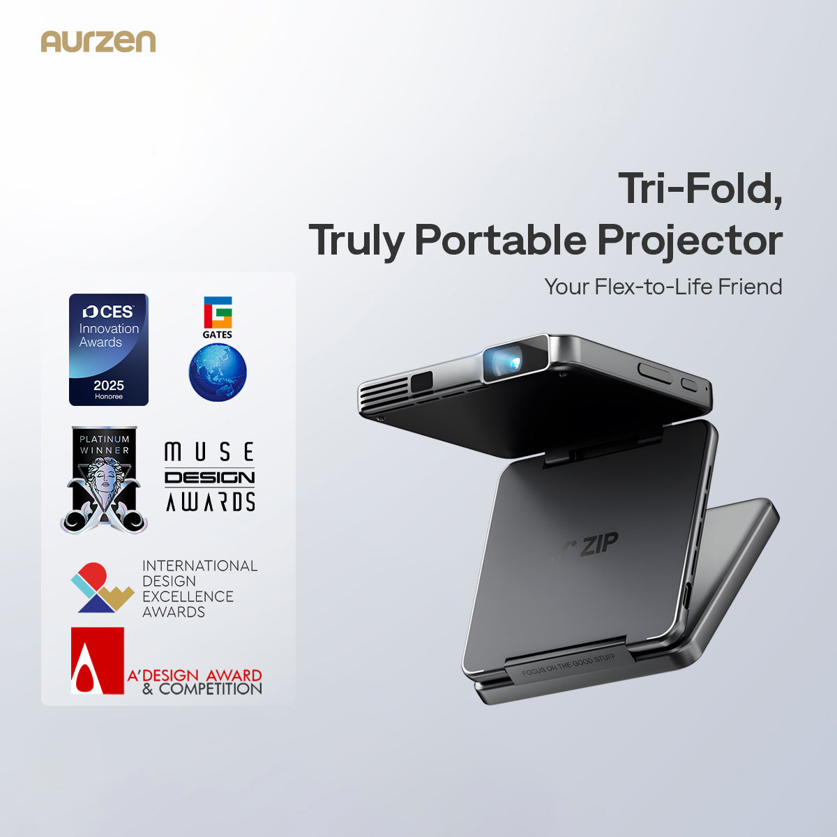 Aurzen ZIP Tri‑Fold Portable Projector (720p HD, AirLink, 1.5H Battery)
