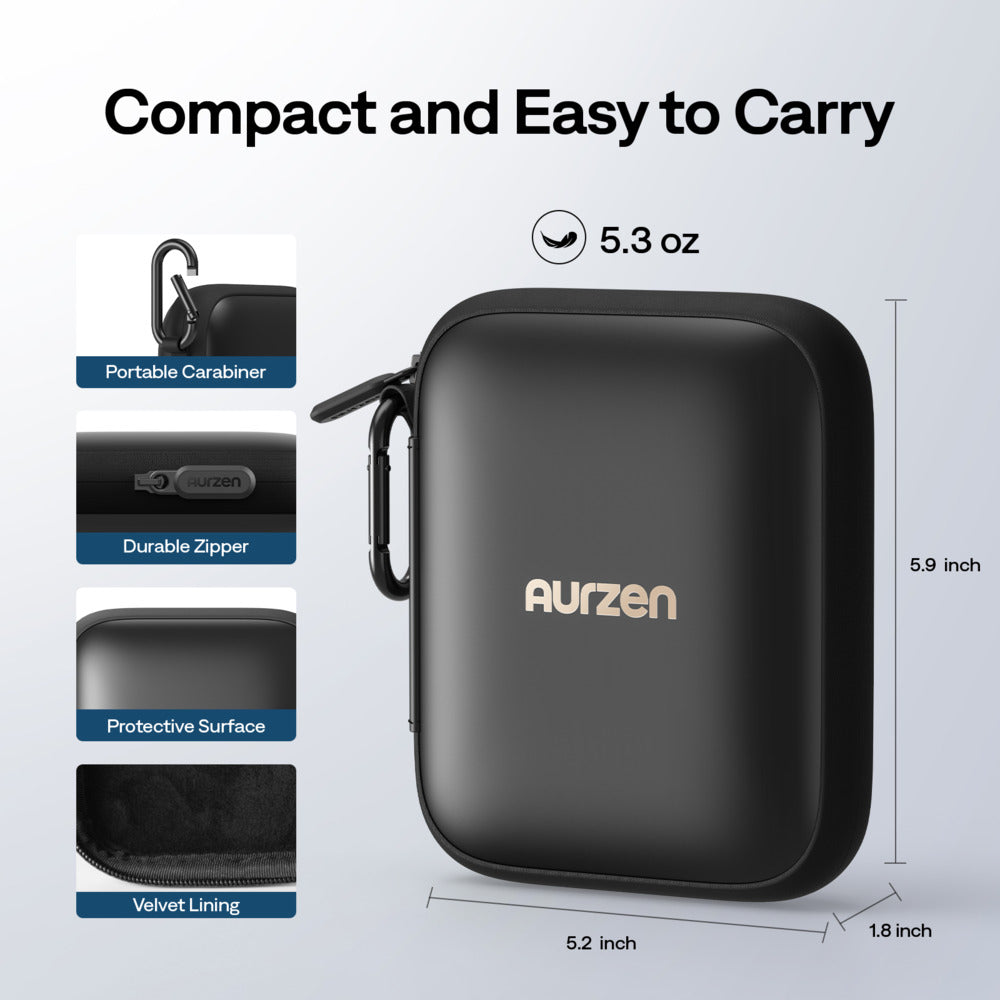 Aurzen CasePlay Protective Case (Shockproof, IP67 Water-Resistant, for ZIP Projector) Black carrying case with Aurzen branding, showing features and dimensions on a light gray background.