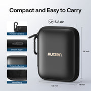 Aurzen CasePlay Protective Case (Shockproof, IP67 Water-Resistant, for ZIP Projector) Black carrying case with Aurzen branding, showing features and dimensions on a light gray background.