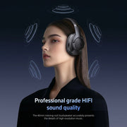 Woman wearing headphones with text about professional grade HIFI sound quality on a dark background