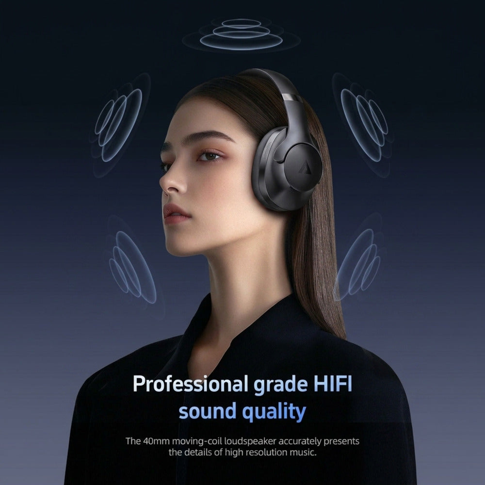 Woman wearing headphones with text about professional grade HIFI sound quality on a dark background