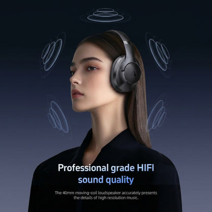 Woman wearing headphones with text about professional grade HIFI sound quality on a dark background