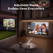 Aurzen Boom Air Portable 1080p Google TV Projector Home theater setup with a projector and adjustable stand in a living room.