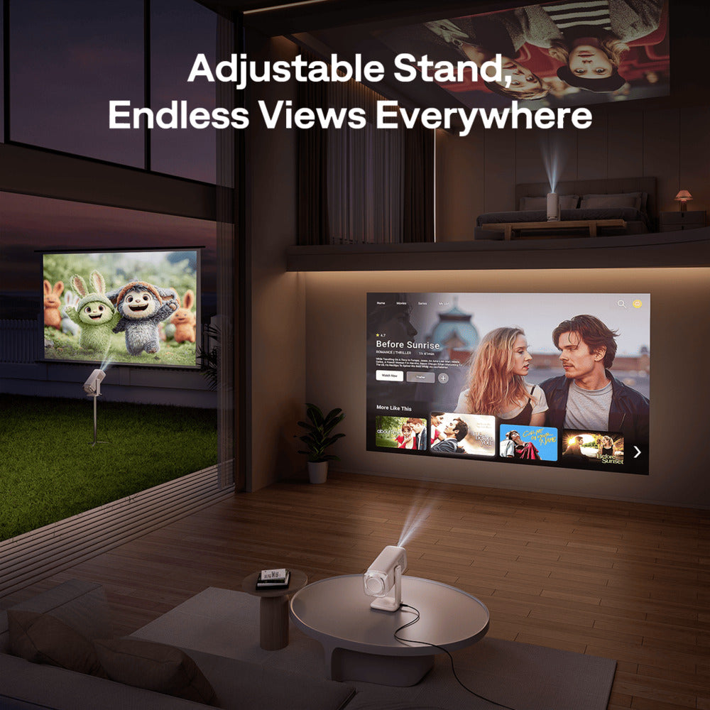 Aurzen Boom Air Portable 1080p Google TV Projector Home theater setup with a projector and adjustable stand in a living room.