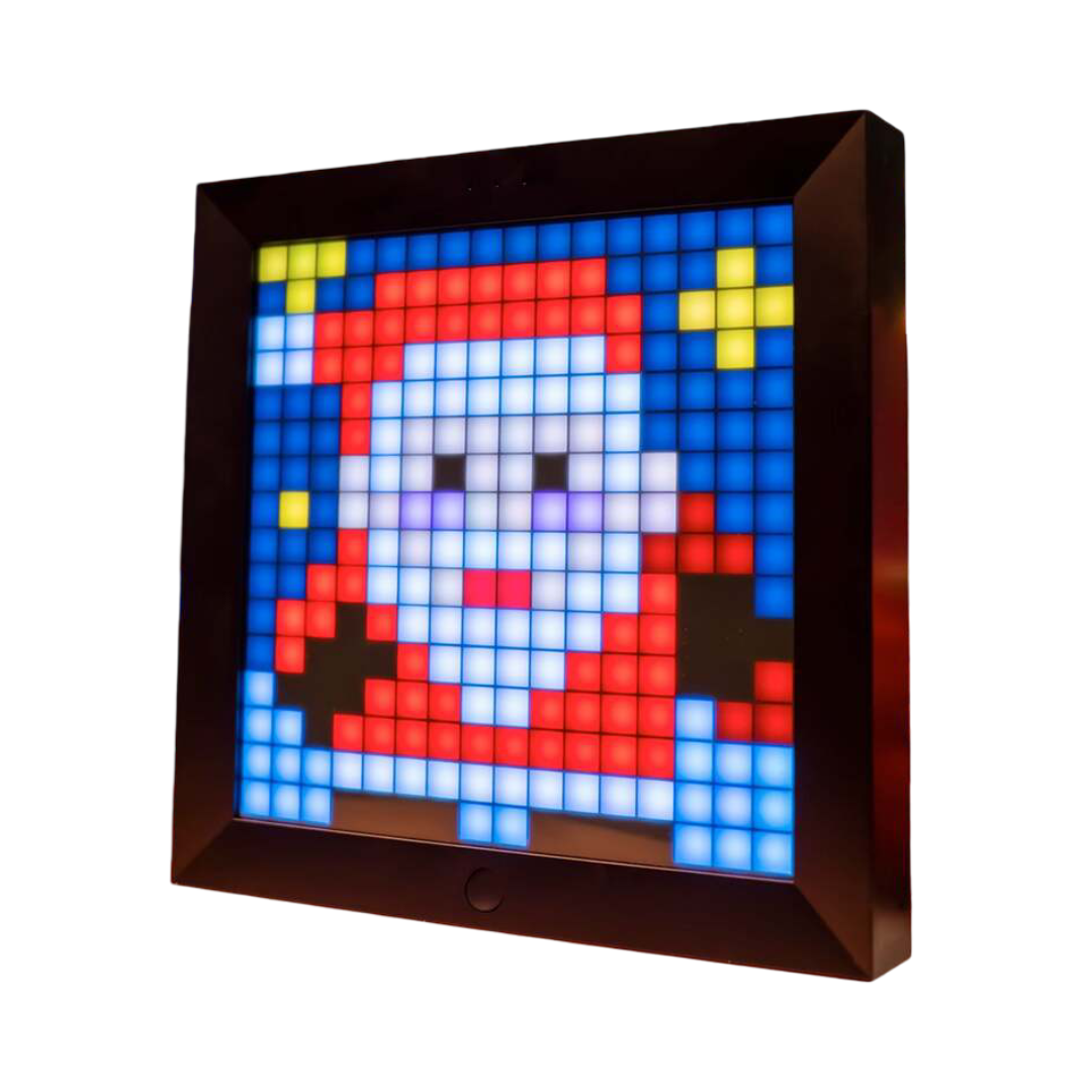 Pixelated character display in a wooden frame on a white background