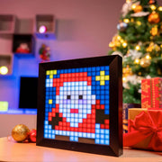 Pixel art display of a character in front of a Christmas tree with presents.