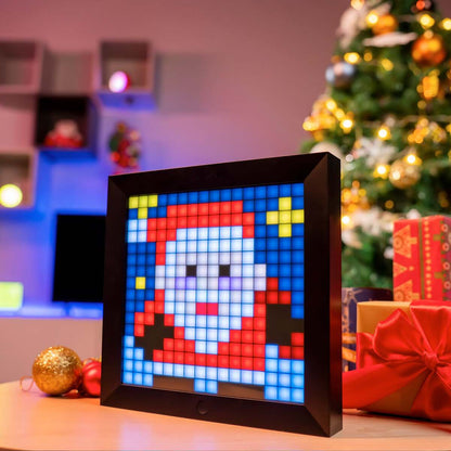 Pixel art display of a character in front of a Christmas tree with presents.