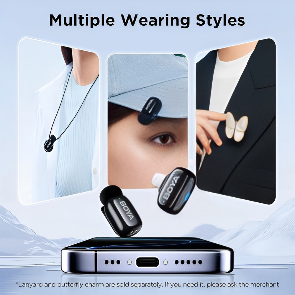 Bova wireless earbuds displayed with various wearing styles on a light blue background.