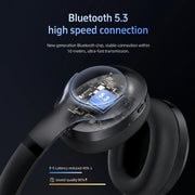 Black wireless earbuds with Bluetooth 5.3 chip on a dark background
