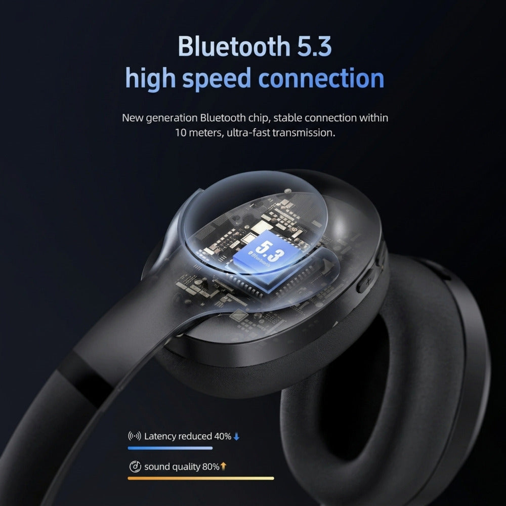 Black wireless earbuds with Bluetooth 5.3 chip on a dark background