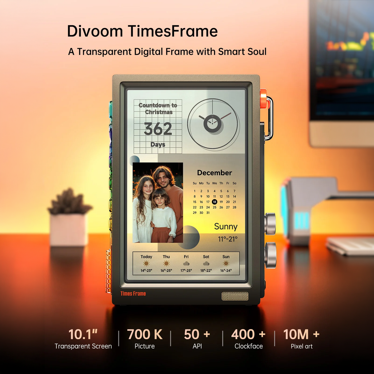 Divoom Times Frame 10.1" Transparent Smart Display (64GB, Wi‑Fi 6, RGB Lighting) Divoom TimesFrame digital frame with transparent screen on a blurred background
