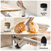 HOTO Electric Kitchen Scrubber 9 Brush Head Set Collage of a handheld cleaning tool with different brushes used for cleaning tasks.