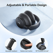 Black headphones with adjustable and portable design features on a light blue background